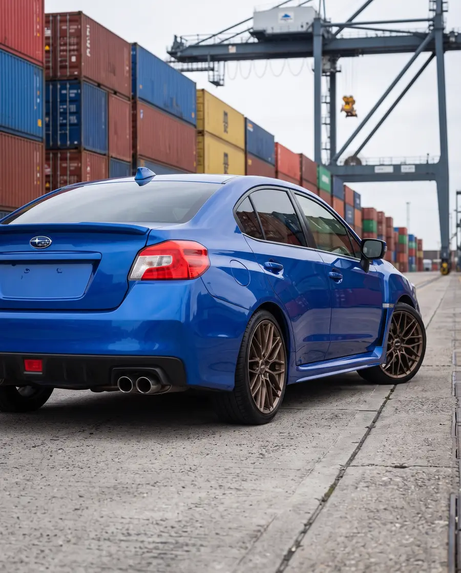 Subaru WRX azul con AXYS VIL, tres cuartos trasero